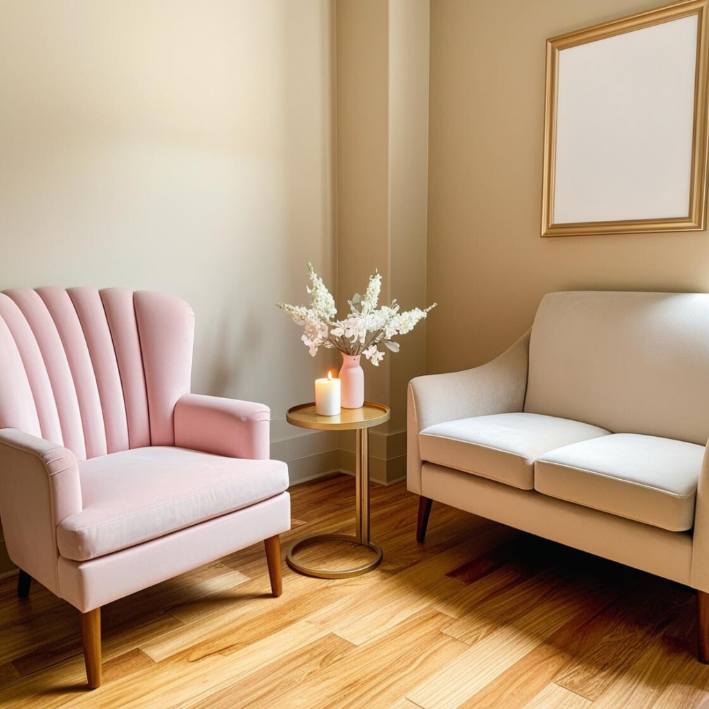 Therapy room for couples counseling at White Orchid Counseling