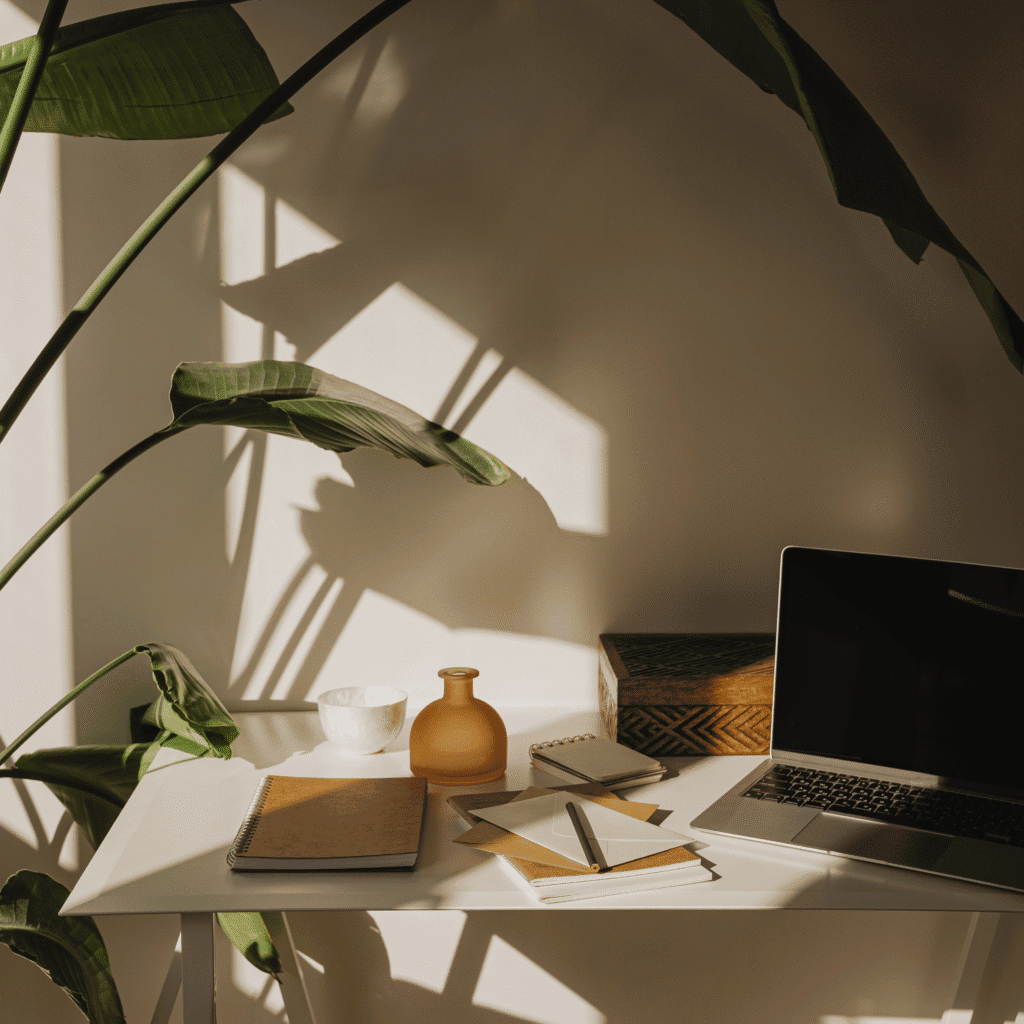 Sunlight casting soft shadows on a cozy desk with a plant, notebooks, and a laptop, representing a peaceful setting for mental health support.